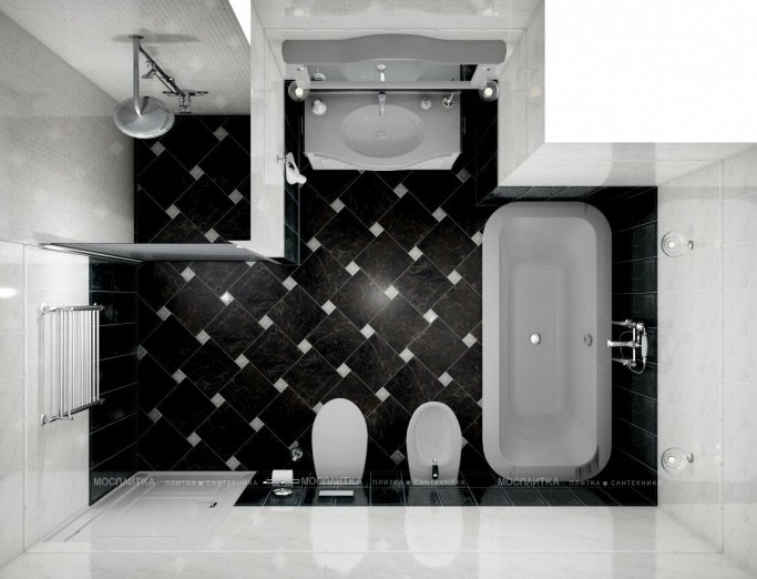 Дизайн Совмещённый санузел в стиле Классика в черно-белом цвете №11394 - 2 изображение