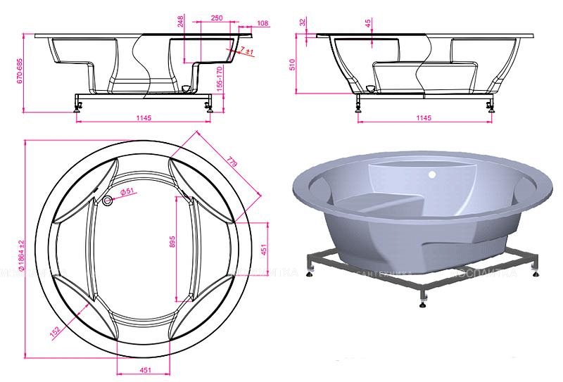 Акриловая ванна Astra-Form Аврора 186,4x186,4, белый глянец 01010038 - изображение 6