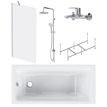 Набор Am.Pm Gem: Ванна 150x70 см с каркасом и шторкой, душевая система со смесителем для ванны и душа, W90ASET-150D8 - 3 изображение