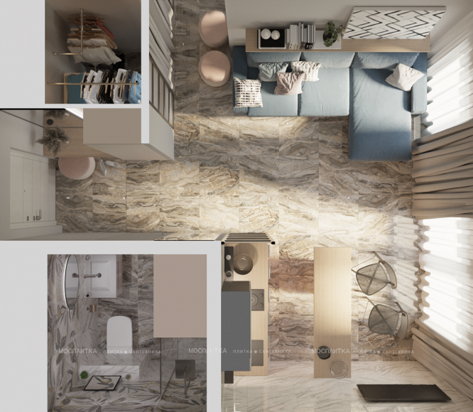 Дизайн Кухня-гостиная в стиле Современный в белом цвете №13042 - 2 изображение