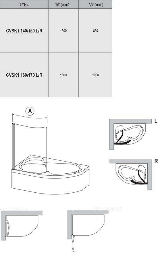 Шторка на ванну Ravak CVSK1 ROSA 160/170 L блестящая+ транспарент, серый - изображение 3