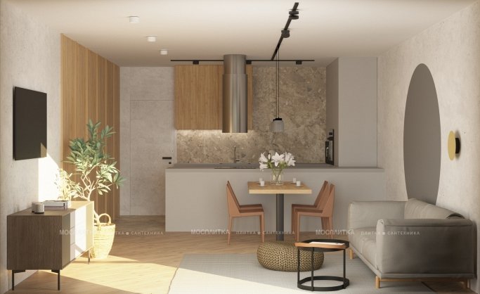 Дизайн Кухня-гостиная в стиле Минимализм в оранжевом цвете №13188 - 6 изображение