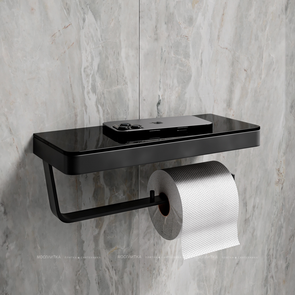 Держатель туалетной бумаги двойной с полкой Lemark Glass Line 9722042 чёрный матовый - изображение 2