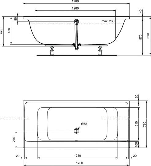 Встраиваемая акриловая прямоугольная ванна 170х75 см Ideal Standard E106601 CONNECT AIR - изображение 3