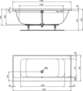 Встраиваемая акриловая прямоугольная ванна 170х75 см Ideal Standard E106601 CONNECT AIR - 3 изображение