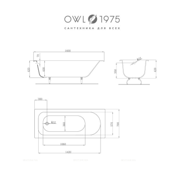 Чугунная ванна OWL 1975 Roxen 160х70 см OWLIB191101 с подголовником - 11 изображение