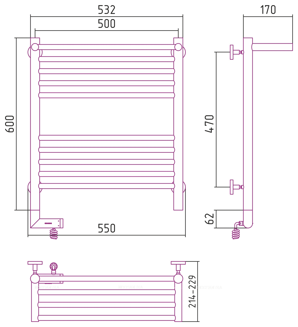 Полотенцесушитель электрический Сунержа Богема 2.0 с 1 полкой 60х50 см 00-5206-6050 без покрытия - изображение 4