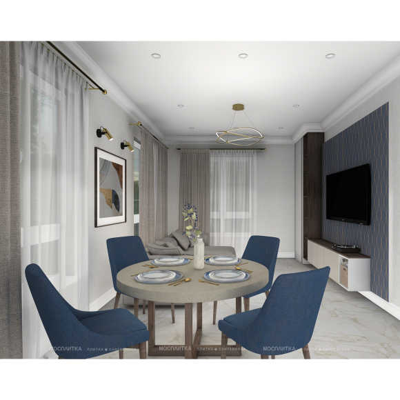 Дизайн Кухня-гостиная в стиле Неоклассика в бежевом цвете №12977 - 5 изображение