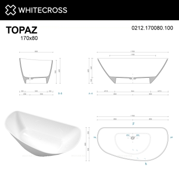 Ванна из искусственного камня 170х80 см Whitecross Topaz 0212.170080.100 белая глянцевая - 7 изображение