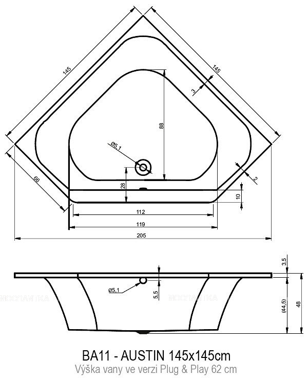 Акриловая ванна Riho Austin 145 см Plug&Play - изображение 4