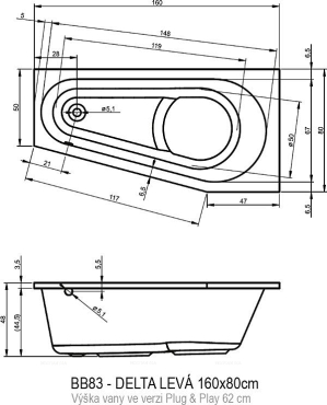 Акриловая ванна Riho Delta 160 см L Plug&Play - 3 изображение