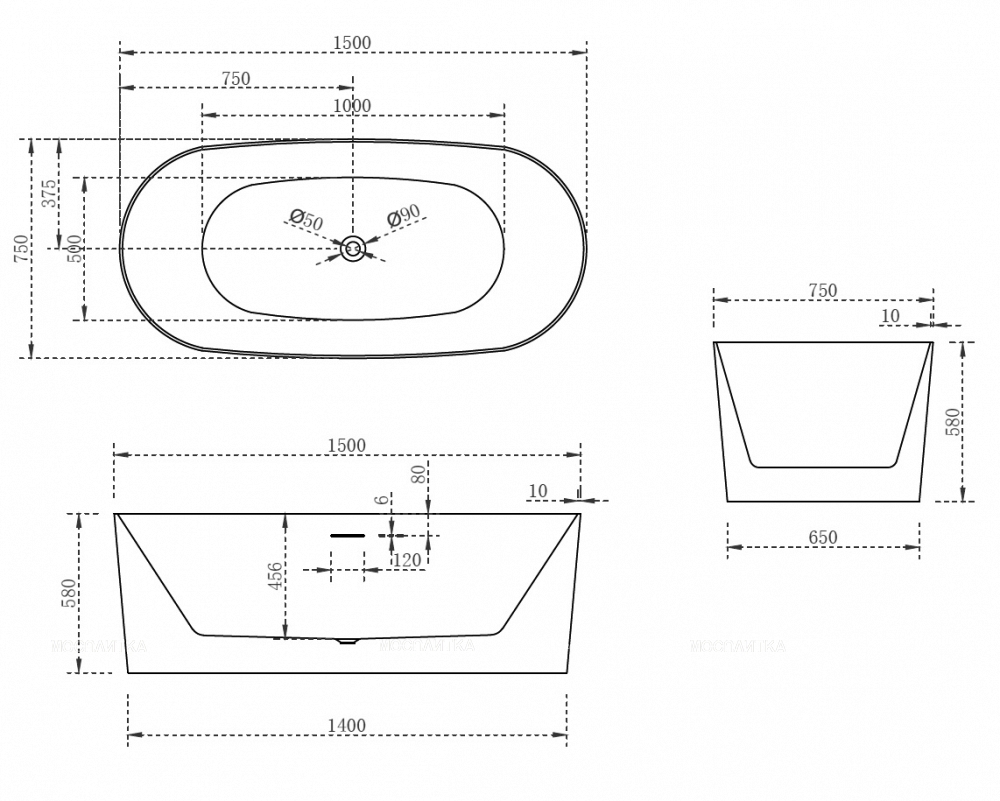 Акриловая ванна Abber 150х75 см AB9368-1.5, белый - изображение 6