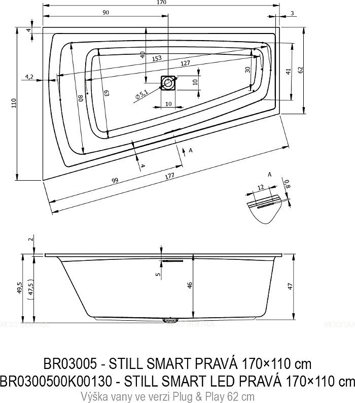 Акриловая ванна Riho Still Smart 170x110 см R Plug&Play - изображение 3