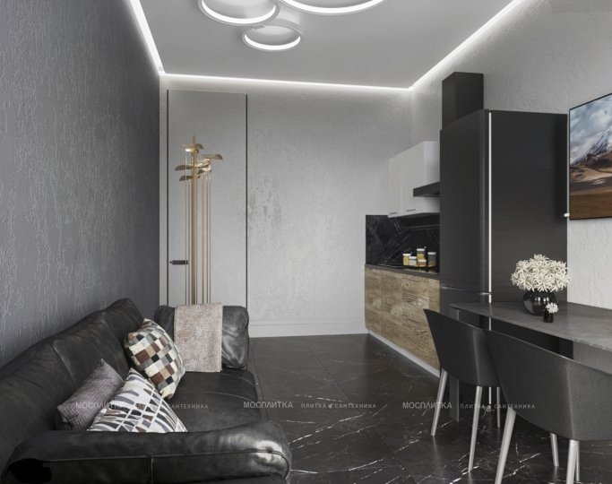 Дизайн Кухня-гостиная в стиле Неоклассика в черно-белом цвете №12828 - 4 изображение