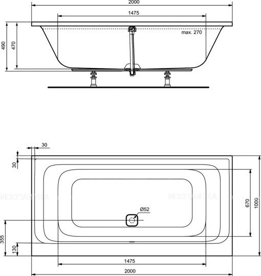 Прямоугольная встраиваемая акриловая ванна 200X100 см Ideal Standard K746601 TONIC II - изображение 3