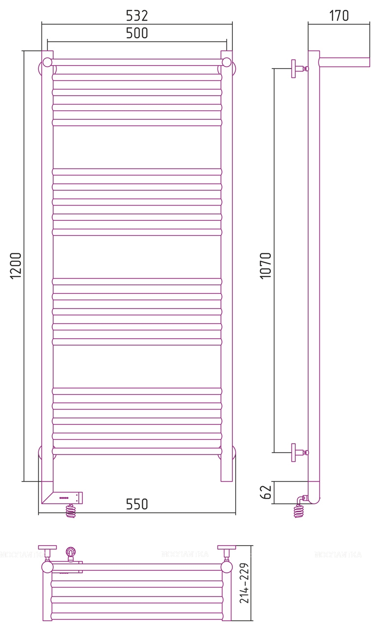 Полотенцесушитель электрический Сунержа Богема 2.0 с 1 полкой 120х50 см 31-5206-1250 матовый черный - изображение 4