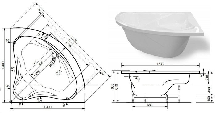 Ванна из искусственного мрамора Эстет Аврора 140x140 ФР-00002601 - 6 изображение