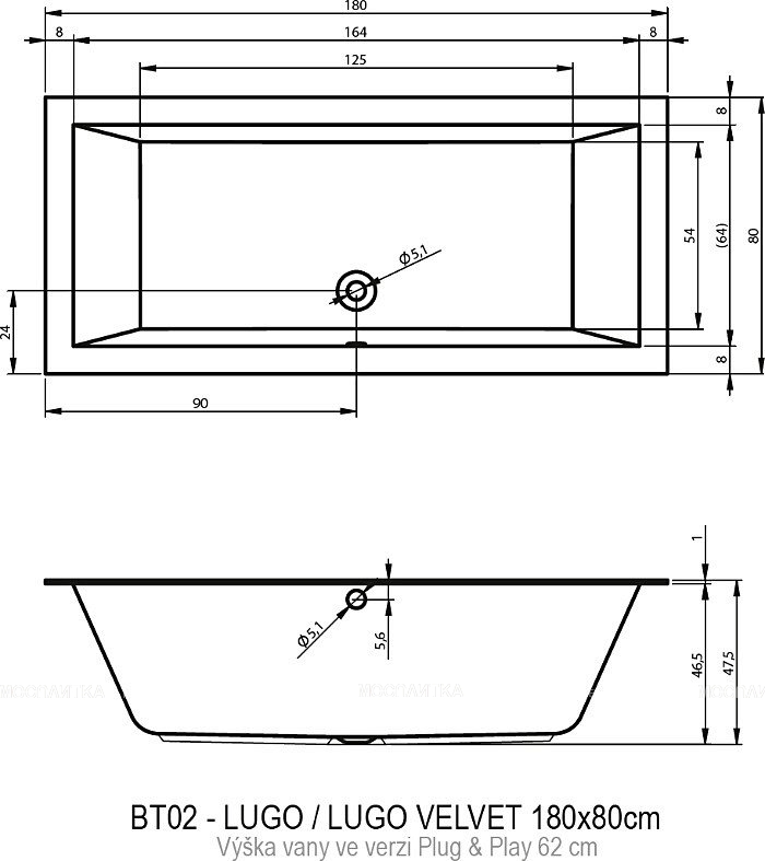 Акриловая ванна Riho Lugo 180x80 см R Plug&Play - изображение 6