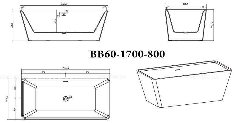 Акриловая ванна BelBagno BB60-1700-800, прямоугольная - изображение 2