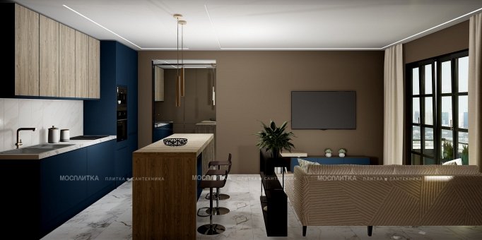 Дизайн Кухня-гостиная в стиле Современный в синем цвете №12673 - 4 изображение