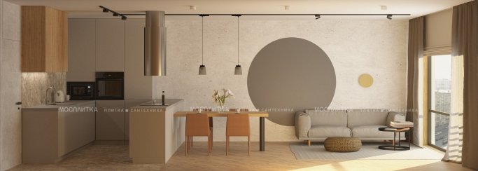 Дизайн Кухня-гостиная в стиле Минимализм в оранжевом цвете №13188 - 4 изображение