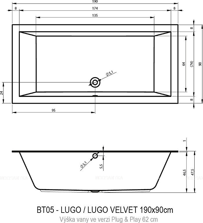 Акриловая ванна Riho Lugo 190x90 см R Plug&Play - изображение 3