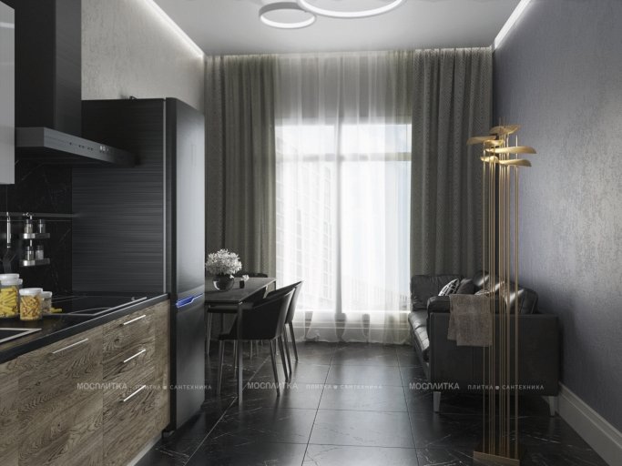 Дизайн Кухня-гостиная в стиле Неоклассика в черно-белом цвете №12828 - 3 изображение
