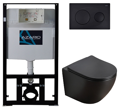 Комплект подвесной безободковый унитаз Azario Grado AZ-8010-1000+AZ-8200-0013+AZ-0046N-MB с микролифтом + система инсталляции с кнопкой смыва черный матовый