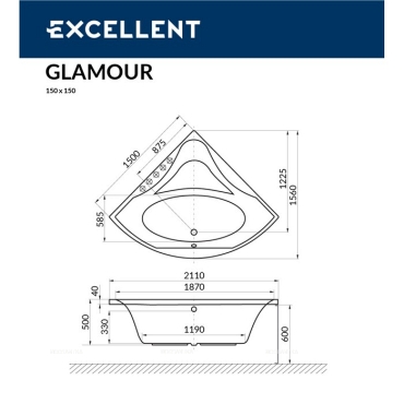 Акриловая ванна Excellent Glamour 150x150 WAEX.GLA15WH - 8 изображение