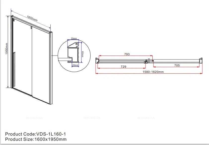Душевая дверь Vincea Lugano 160x195 см, VDS-1L160CL-1, профиль хром, стекло прозрачное - 6 изображение