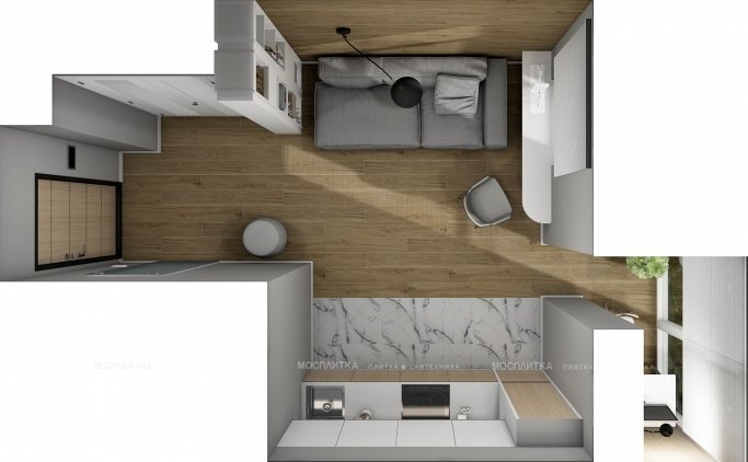Дизайн Кухня-гостиная в стиле Минимализм в бежевом цвете №13049 - 2 изображение
