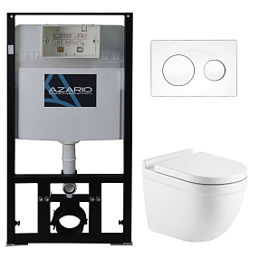 Комплект подвесной безободковый унитаз Azario Fora AZ-8010-1000 + AZ-8200-0012 + AZ-0017 E-R с микролифтом  +  система инсталляции с кнопкой смыва белый глянцевый