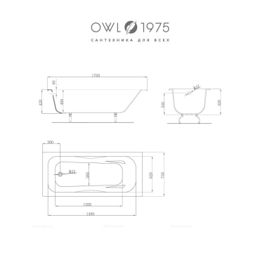 Чугунная ванна OWL 1975 Bjorn 170х75 см OWLIB191108 с подголовником - 9 изображение