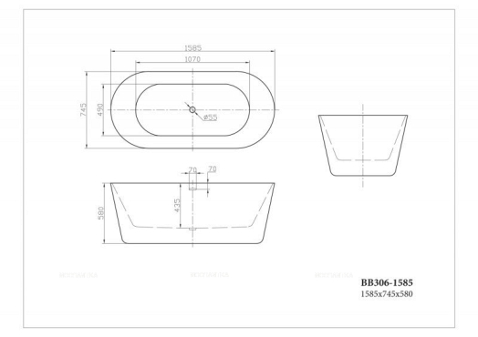 Акриловая ванна BelBagno BB306-1585, овальная - 2 изображение